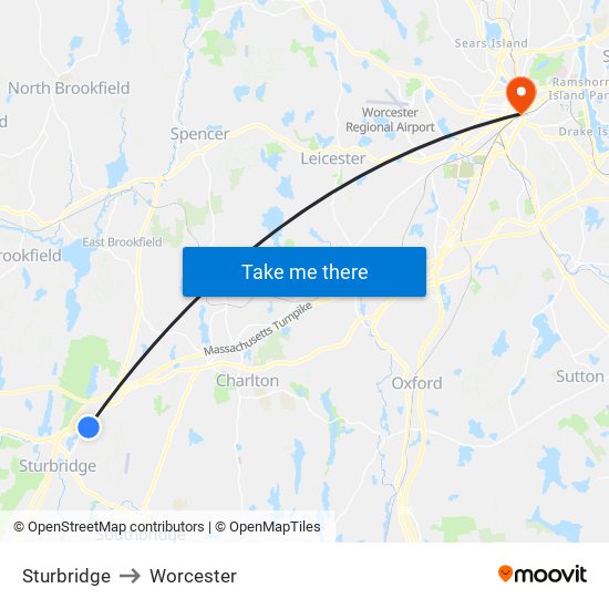Sturbridge to Worcester map