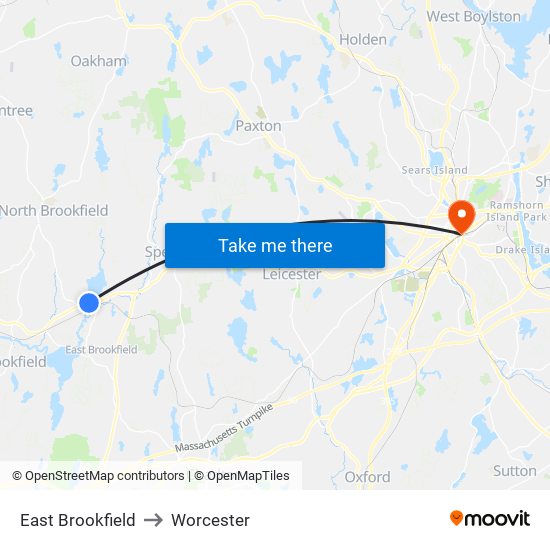 East Brookfield to Worcester map