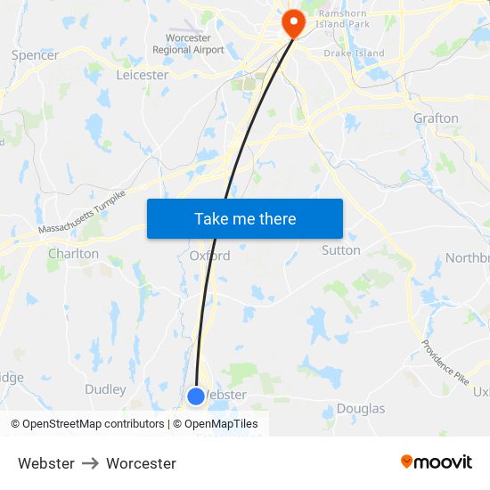 Webster to Worcester map