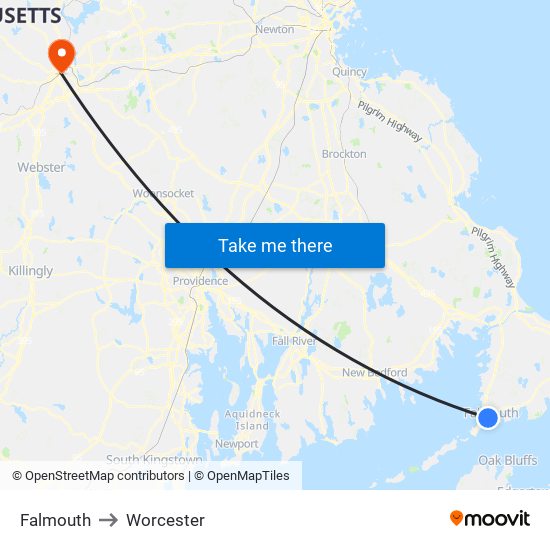 Falmouth to Worcester map