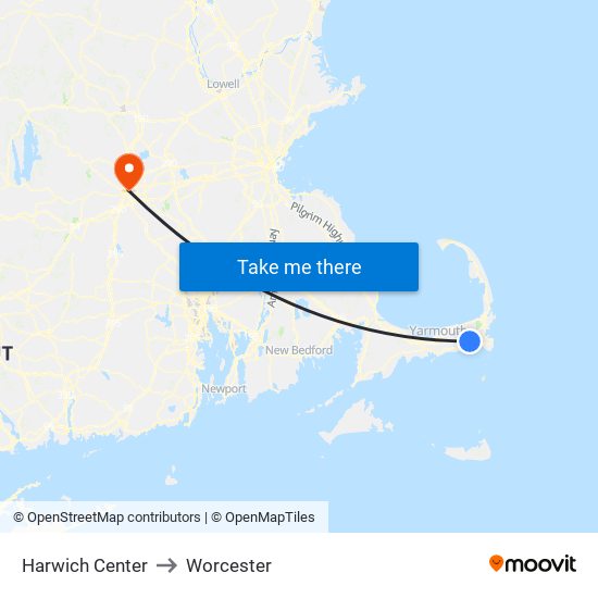 Harwich Center to Worcester map