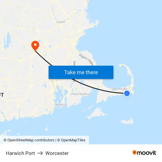 Harwich Port to Worcester map