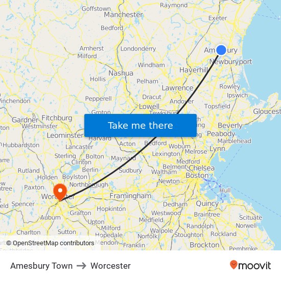 Amesbury Town to Worcester map