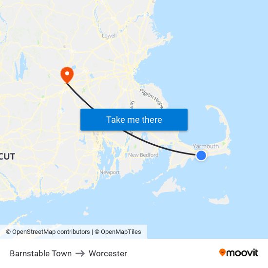 Barnstable Town to Worcester map