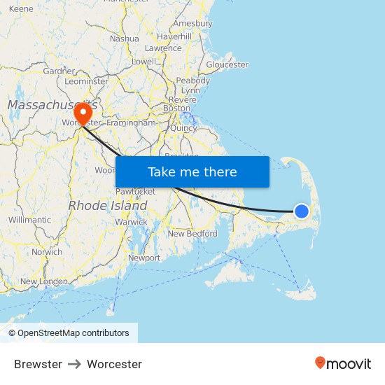 Brewster to Worcester map
