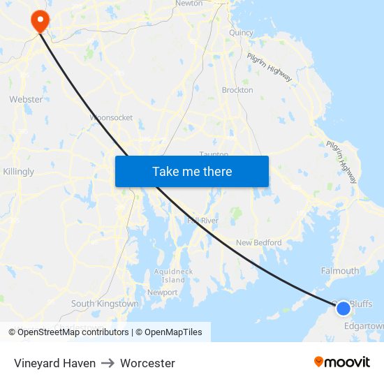 Vineyard Haven to Worcester map