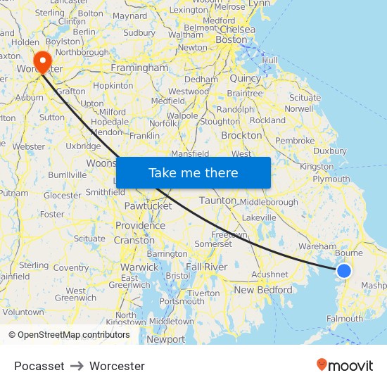 Pocasset to Worcester map