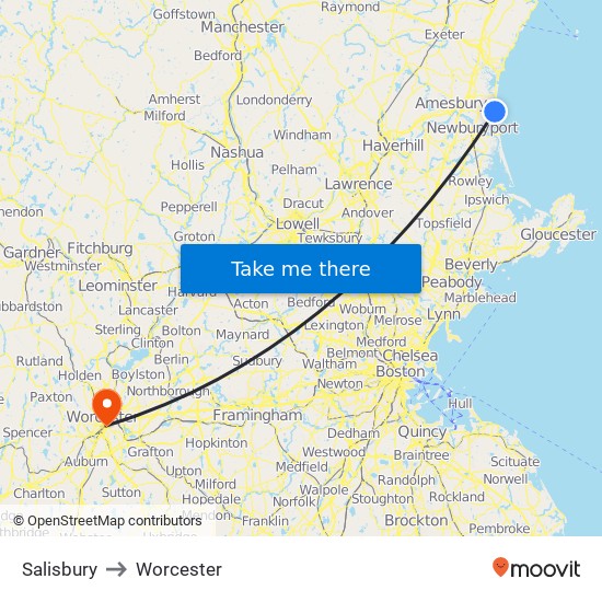 Salisbury to Worcester map