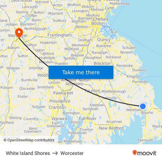 White Island Shores to Worcester map