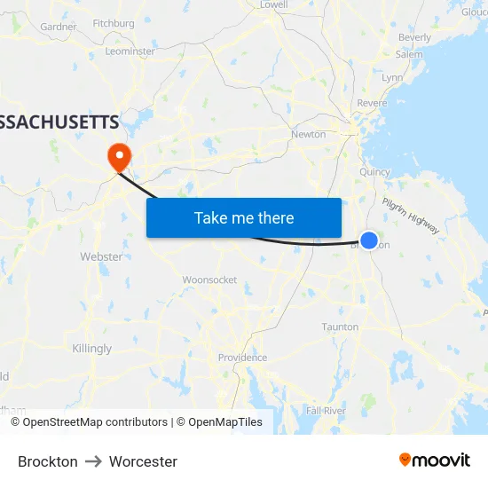 Brockton to Worcester map