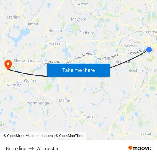 Brookline to Worcester map