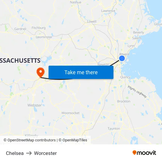Chelsea to Worcester map