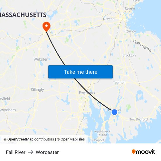 Fall River to Worcester map