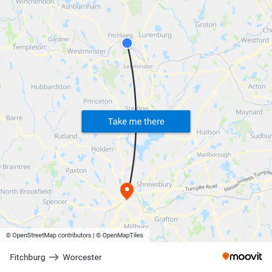 Fitchburg to Worcester map