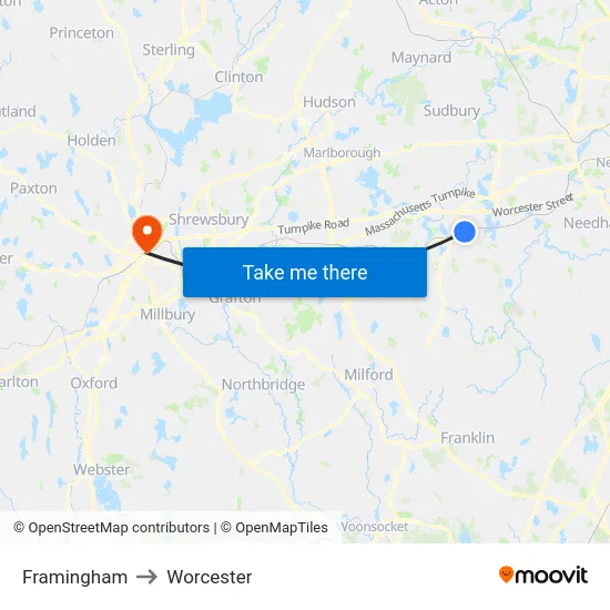 Framingham to Worcester map