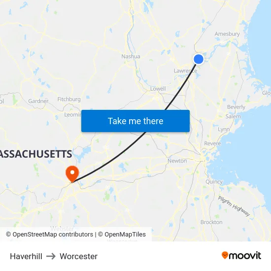 Haverhill to Worcester map