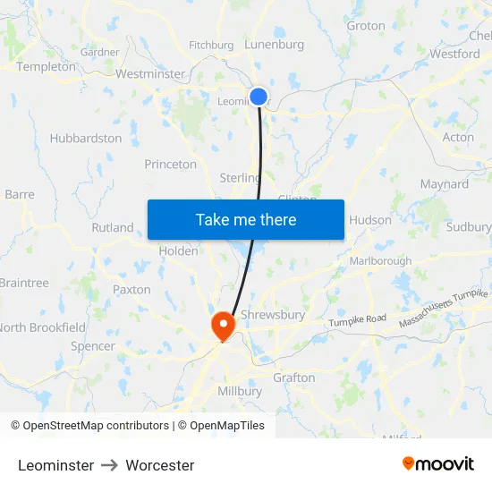 Leominster to Worcester map