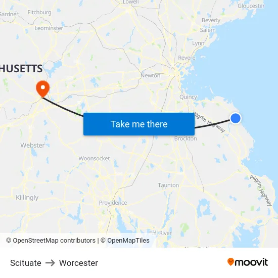 Scituate to Worcester map