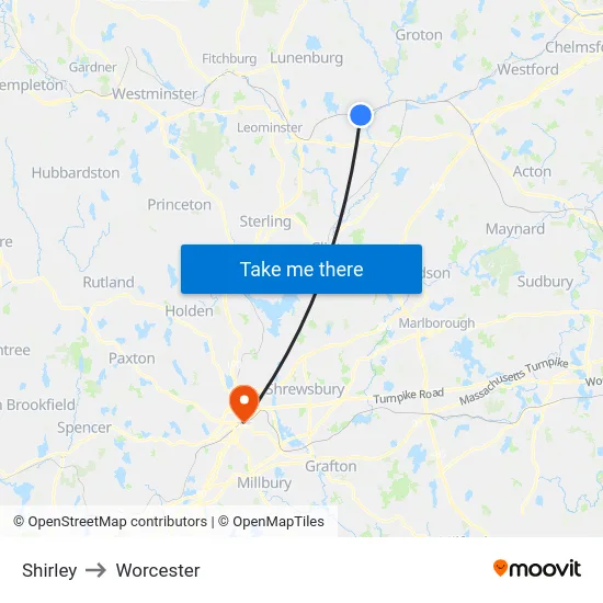 Shirley to Worcester map