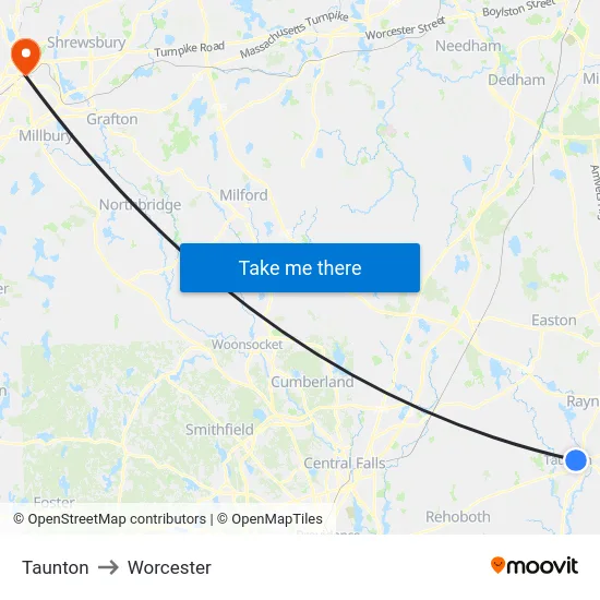 Taunton to Worcester map