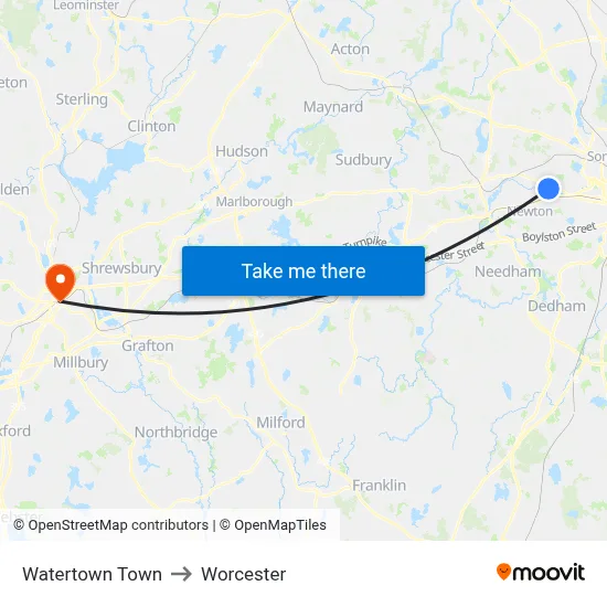 Watertown Town to Worcester map