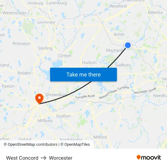West Concord to Worcester map