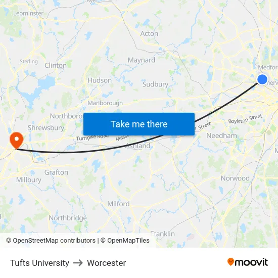 Tufts University to Worcester map