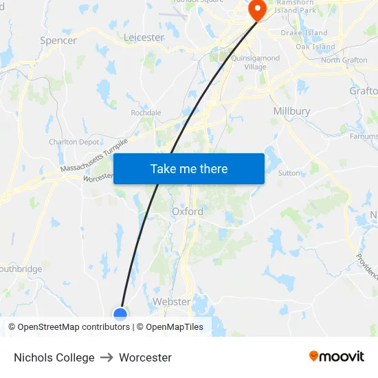 Nichols College to Worcester map