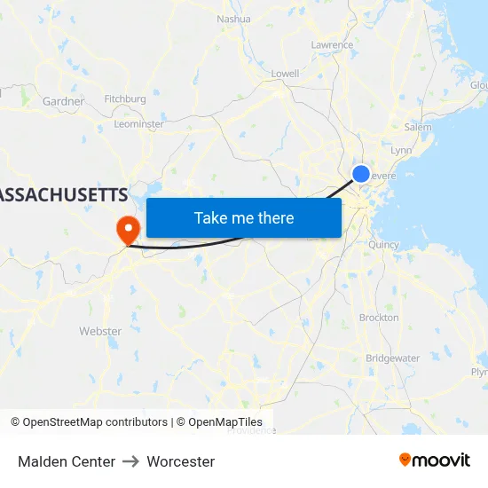 Malden Center to Worcester map