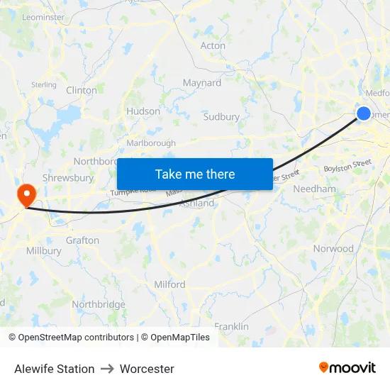Alewife Station to Worcester map