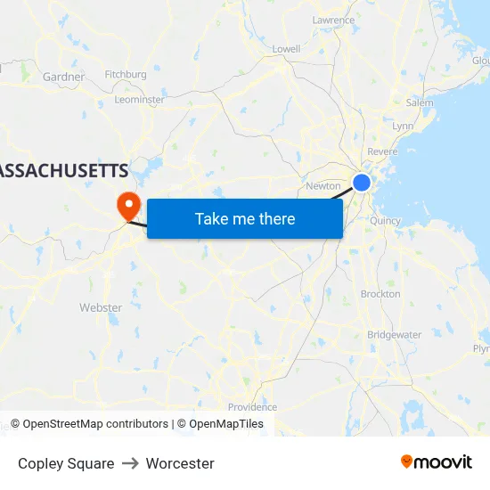 Copley Square to Worcester map