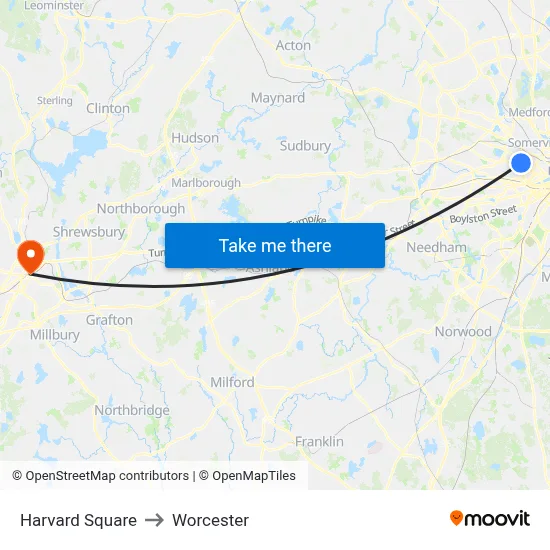 Harvard Square to Worcester map