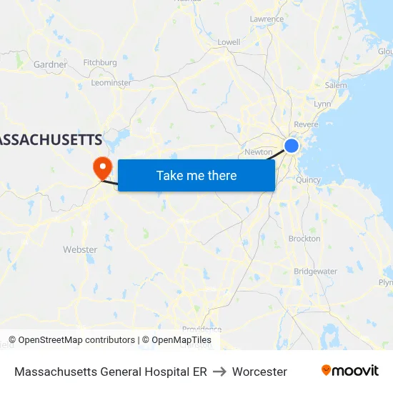 Massachusetts General Hospital ER to Worcester map