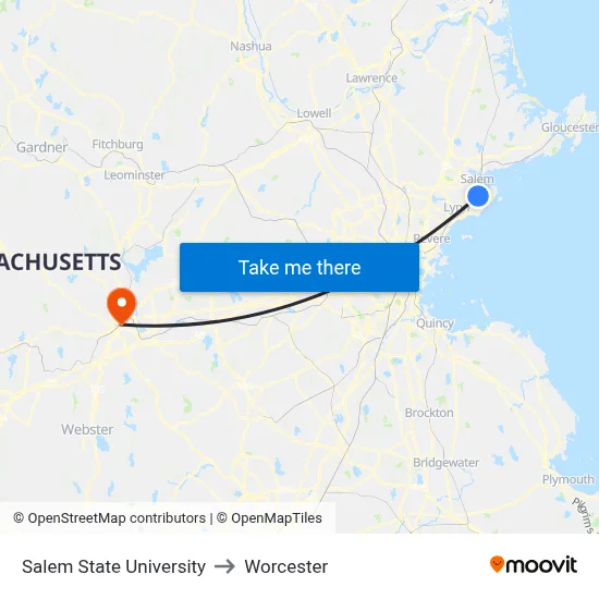 Salem State University to Worcester map