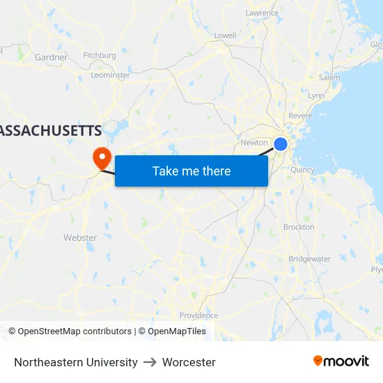 Northeastern University to Worcester map