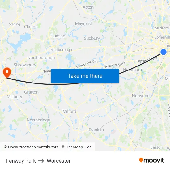 Fenway Park to Worcester map