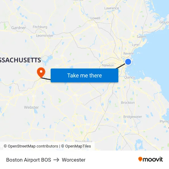 Boston Airport BOS to Worcester map