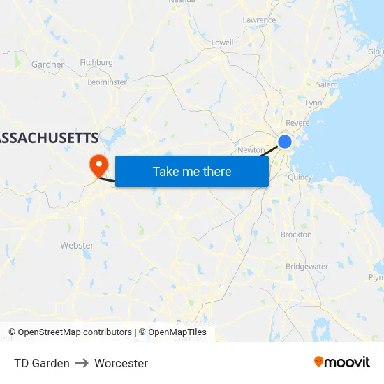 TD Garden to Worcester map