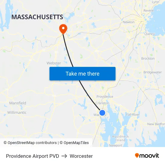 Providence Airport PVD to Worcester map