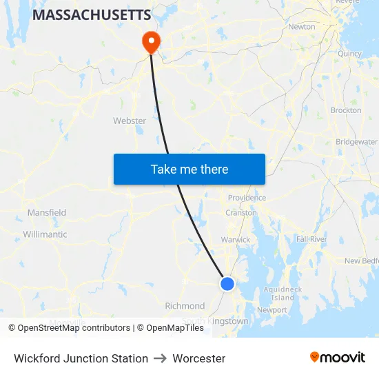 Wickford Junction Station to Worcester map