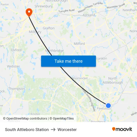 South Attleboro Station to Worcester map