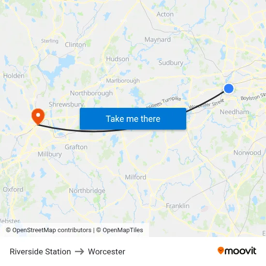 Riverside Station to Worcester map