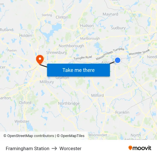 Framingham Station to Worcester map