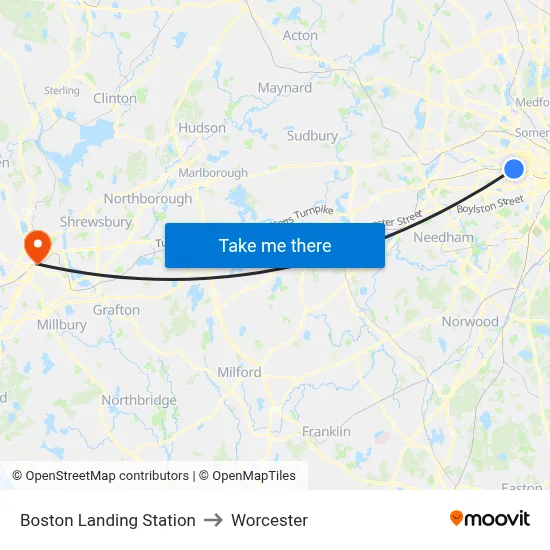Boston Landing Station to Worcester map