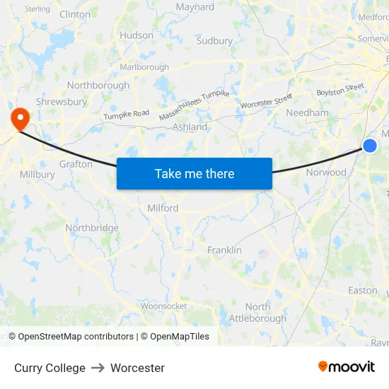 Curry College to Worcester map