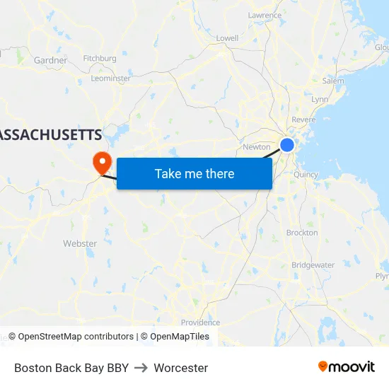 Boston Back Bay BBY to Worcester map