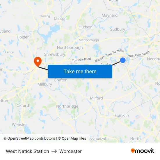 West Natick Station to Worcester map