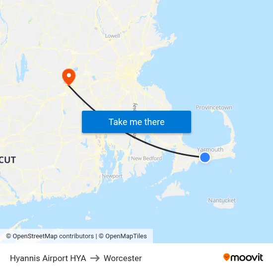Hyannis Airport HYA to Worcester map