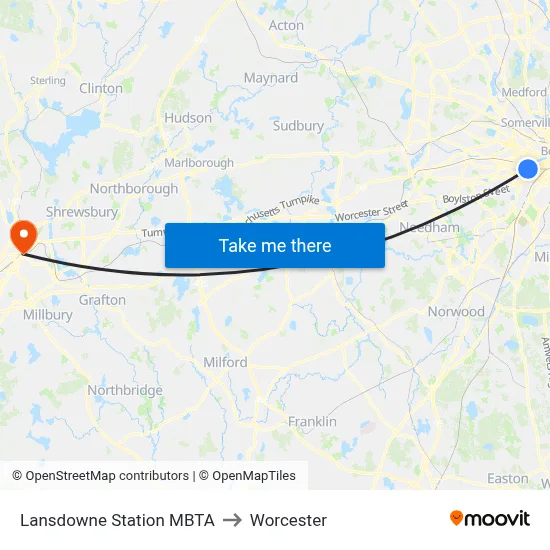 Lansdowne Station MBTA to Worcester map