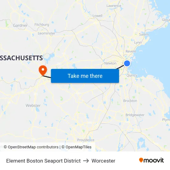 Element Boston Seaport District to Worcester map